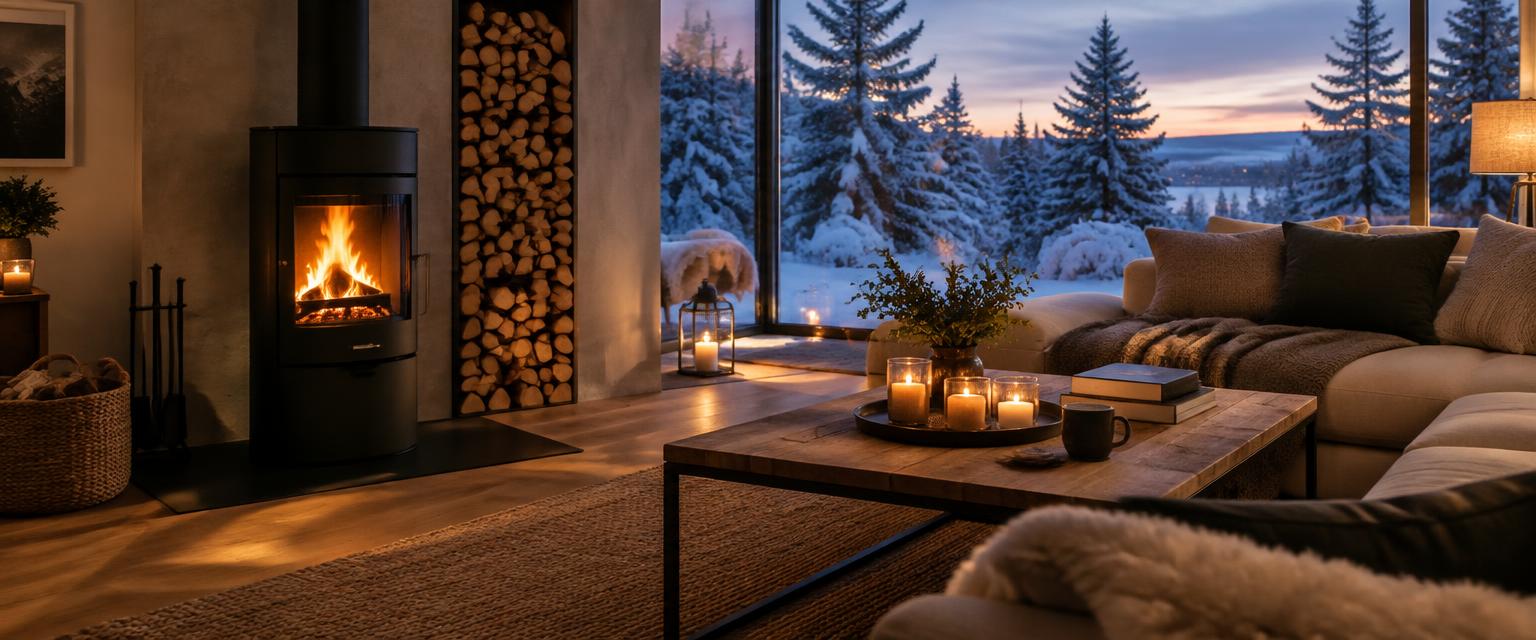 Gemütliches Wohnzimmer mit brennendem Kaminofen am Winterabend