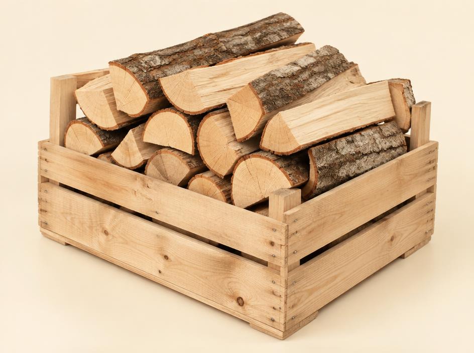 Holzkiste mit Buchenbrennholz
